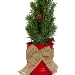 Northlight 2.5 Feet Tall And Smaller>11.75" Frosted Upswept Mini Pine Christmas Tree In Red Tin Pot - Unlit