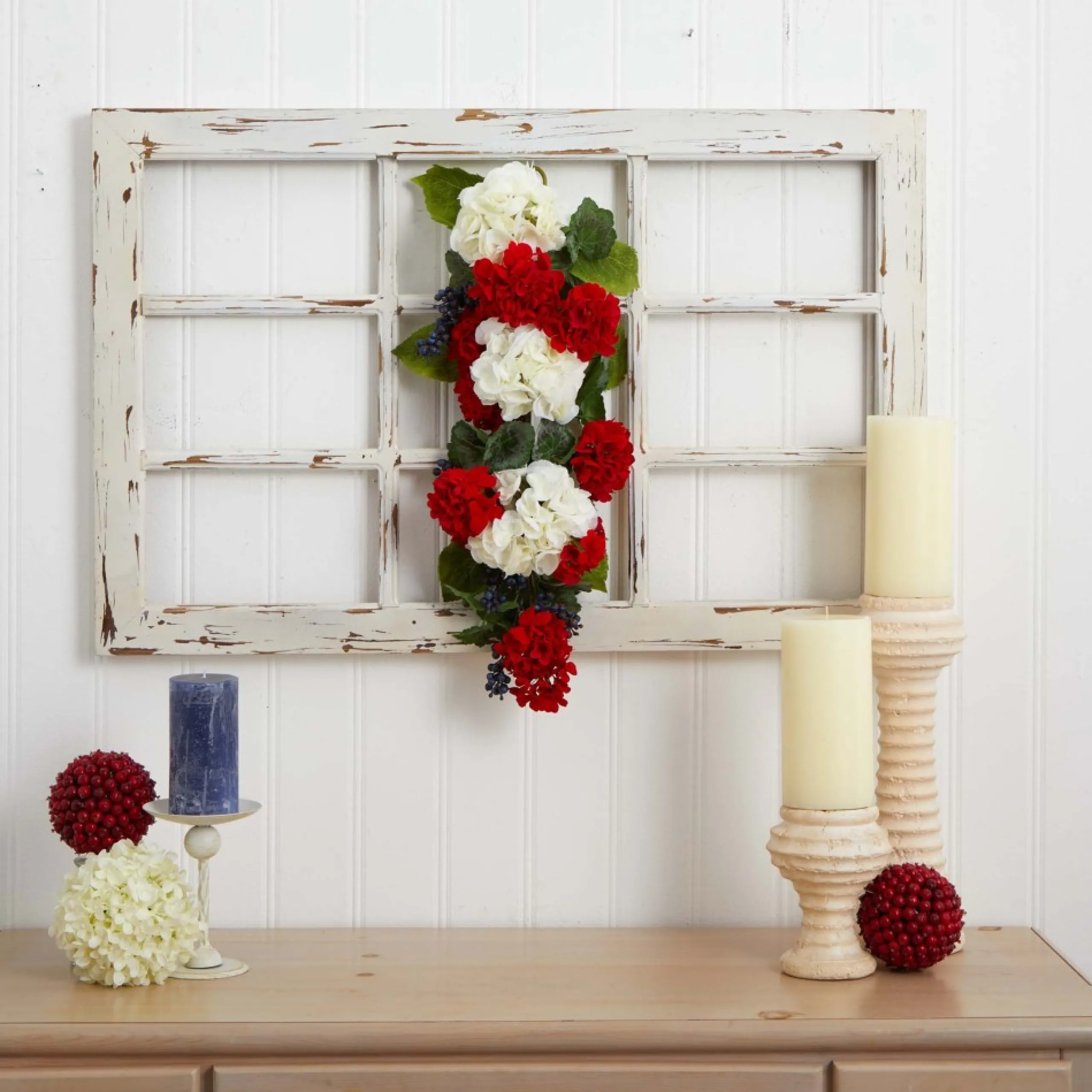 Unlit Swags*Nearly Natural 26" Geranium And Blueberries Artificial Teardrop Swag - Unlit