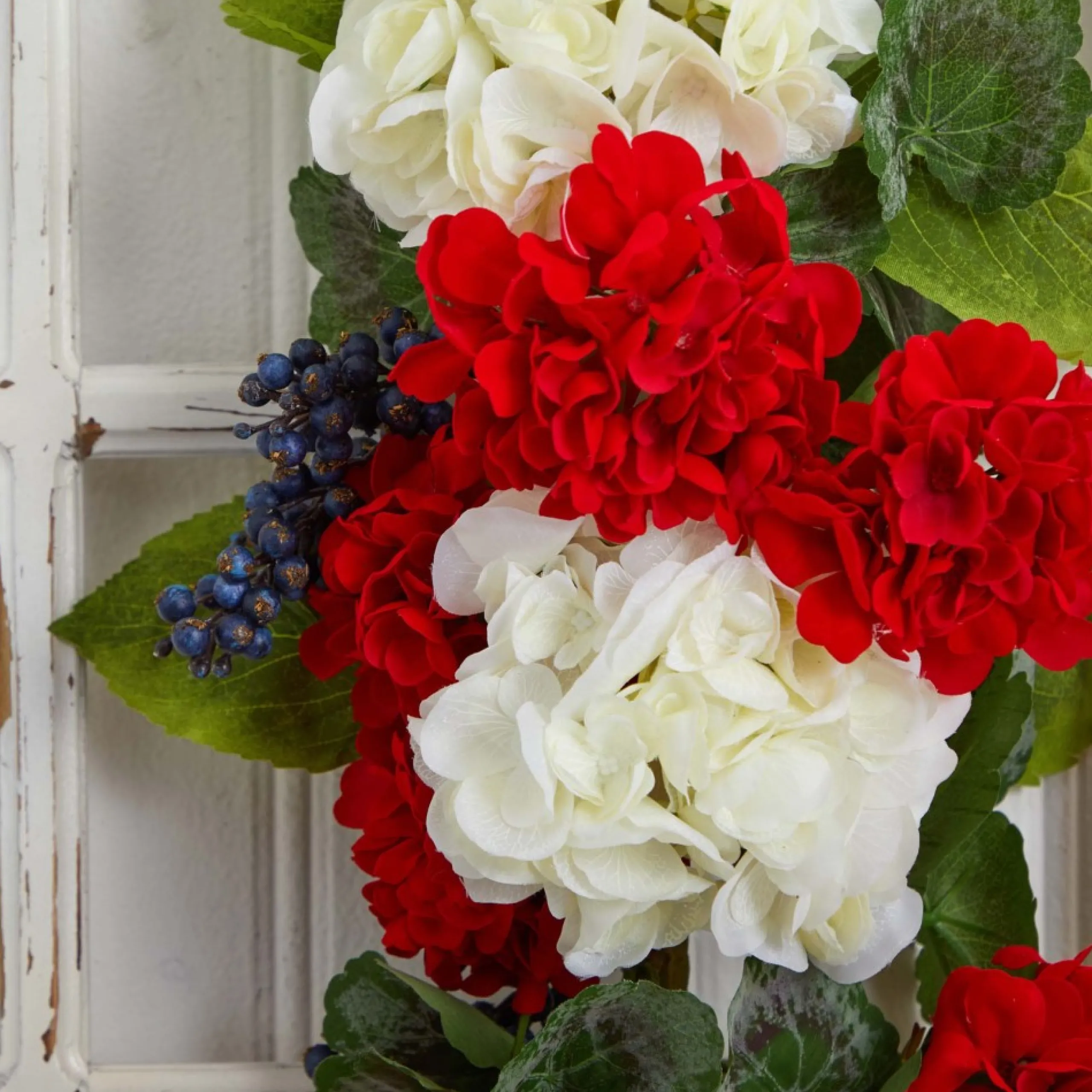 Unlit Swags*Nearly Natural 26" Geranium And Blueberries Artificial Teardrop Swag - Unlit