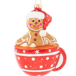 Kat + Annie Gingerbread>5" Gingerbread Man In Hot Chocolate Glass Christmas Ornament