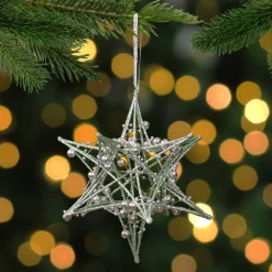 Northlight Stars>5" Glitter Green Iron Wire Starburst With Beads Christmas Ornament