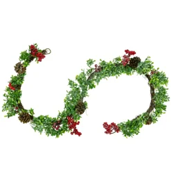 Unlit Garland*Northlight 6' Glittered Artificial Boxwood, Pine Cone And Red Berry Christmas Garland- Unlit