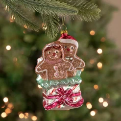 Northlight Gingerbread>4.5" Glittered Gingerbread Couple In Gift Box Glass Christmas Ornament