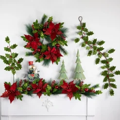 Unlit Swags*Northlight 48" Glittered Red Poinsettia And Long Pine Christmas Swag, Unlit
