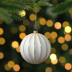 Northlight Glass Balls>4" Glittered White And Gold Striped Glass Christmas Ball Ornament