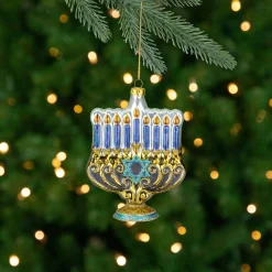 Northlight 5" Gold And Blue Menorah Glass Hanukkah Ornament