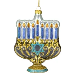 Northlight 5" Gold And Blue Menorah Glass Hanukkah Ornament