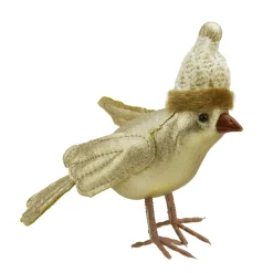 Gallerie II Animals>5" Gold Bird Wearing Knitted Winter Hat Christmas Ornament