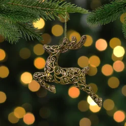 Northlight Animals>7" Gold Filigree Style Leaping Reindeer Christmas Ornament