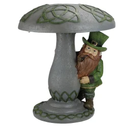 Roman 12.25" Gray And Green Led Solar Leprechaun Standing Under Mushroom Statue
