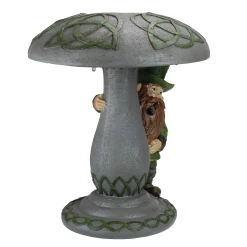 Roman 12.25" Gray And Green Led Solar Leprechaun Standing Under Mushroom Statue