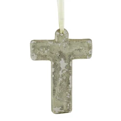 CC Christmas Decor Personalized>4" Gray Distressed Finish Speckled Glass Monogram Letter T Christmas Ornament