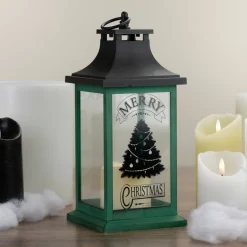 Candles & Holders*Northlight 12" Green And Black Led Candle With Christmas Tree Tabletop Lantern
