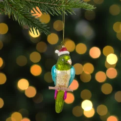 Northlight Animals>6.25" Green And Blue Parrot In A Santa Hat Glass Christmas Ornament