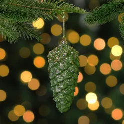 Northlight Woodland>5.5" Green And Gold Glitter Beaded Pine Cone Christmas Ornament