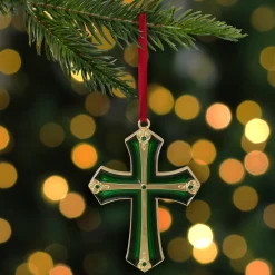 Northlight Nativity & Religious>3.5" Green And Gold Layering Effect Cross Christmas Ornament With Crystals