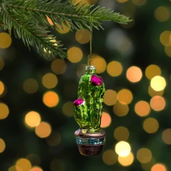Northlight Beach & Tropical>4.75" Green And Pink Potted Cactus Glass Christmas Ornament