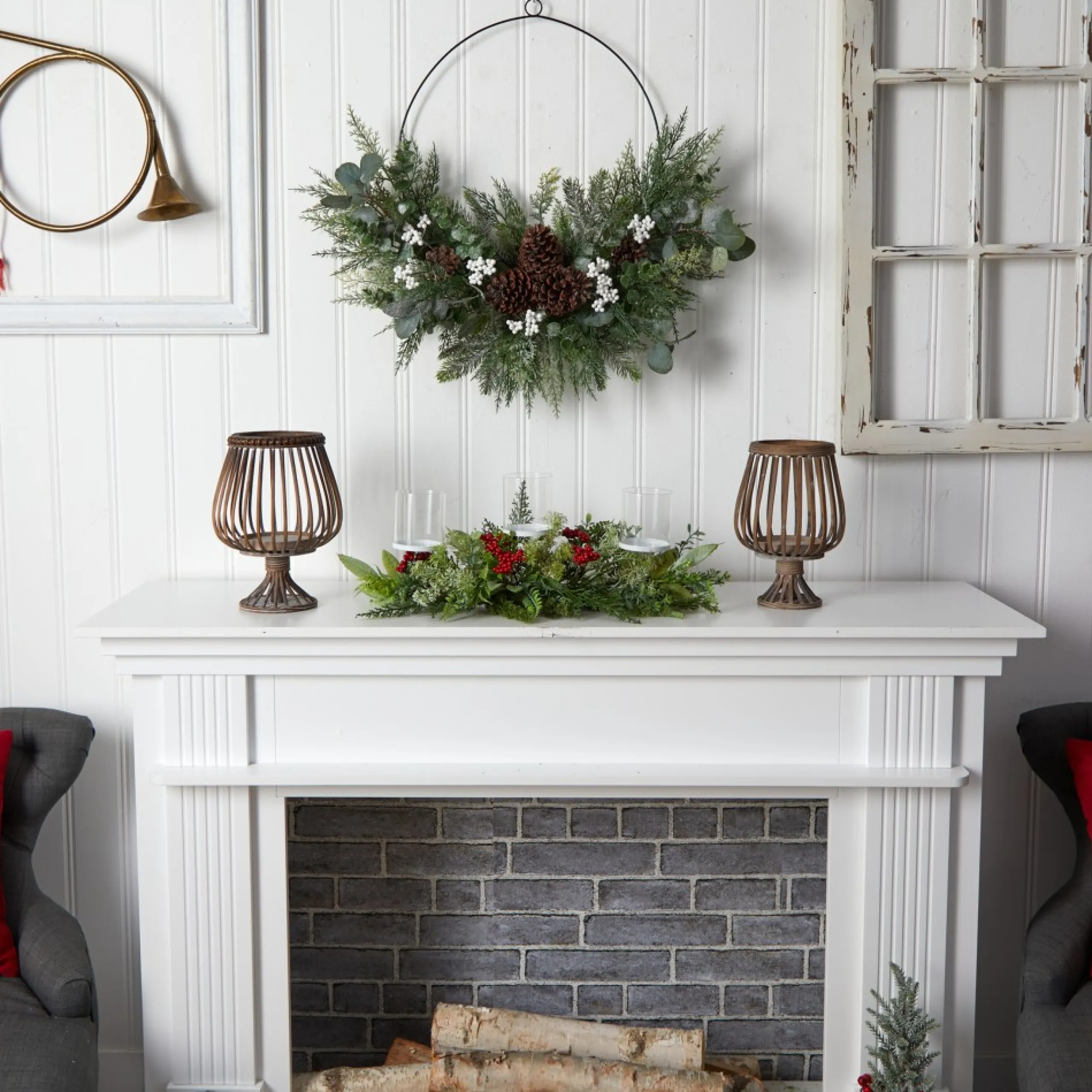 Floral*Nearly Natural 20" Green And Red Berries Christmas Triple Candelabrum