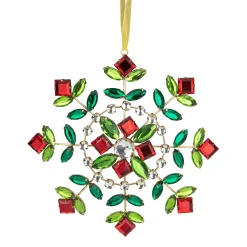 Northlight Snowflakes>6.5" Green And Red Gem Stone Flowers Snowflake Christmas Ornament