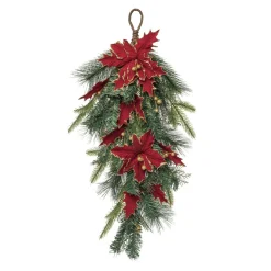 Unlit Teardrops*Contemporary Home Living 26" Green And Red Gilded Poinsettia Christmas Teardrop Swag, Unlit
