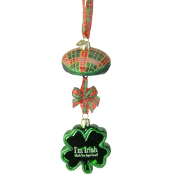 Kurt Adler Irish Themed>9" Green And Red Glittered Plaid Cap With Shamrock Glass Christmas Ornament