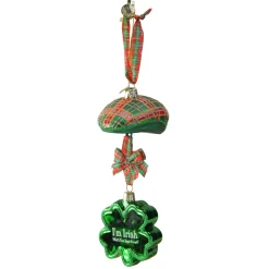 Kurt Adler Irish Themed>9" Green And Red Glittered Plaid Cap With Shamrock Glass Christmas Ornament