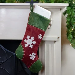 Stockings*Northlight 20" Green And Red Snowflake Applique Christmas Stocking With Blanket Stitching