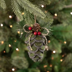 Northlight Pine Cones>6" Green Felt Pine Cone With Berries Christmas Ornament