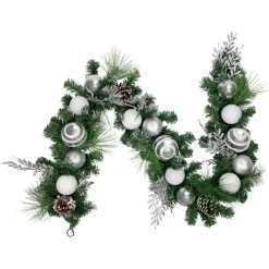 Traditional Pine Garland*Northlight 6' Green Pine Needle Garland With Pinecones And Striped Christmas Ornaments, Unlit