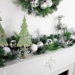 Traditional Pine Garland*Northlight 6' Green Pine Needle Garland With Pinecones And Striped Christmas Ornaments, Unlit