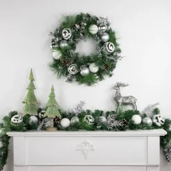 Traditional Pine Garland*Northlight 6' Green Pine Needle Garland With Pinecones And Striped Christmas Ornaments, Unlit