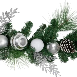 Traditional Pine Garland*Northlight 6' Green Pine Needle Garland With Pinecones And Striped Christmas Ornaments, Unlit