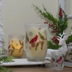Candles & Holders*Northlight 4" Hand Painted Christmas Cardinal And Pine Flameless Glass Candle Holder