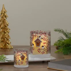 Candles & Holders*Northlight 5" Hand Painted Sparrows And Berries Flameless Glass Christmas Candle Holder