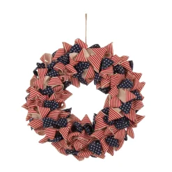 Glitzhome 18.9" Handcrafted Stripes And Stars Patriotic Fabric Wreath