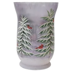 Candles & Holders*Northlight 8" Hand-Painted Pine And Birds Flameless Glass Christmas Candle Holder