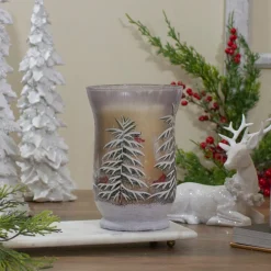 Candles & Holders*Northlight 8" Hand-Painted Pine And Birds Flameless Glass Christmas Candle Holder