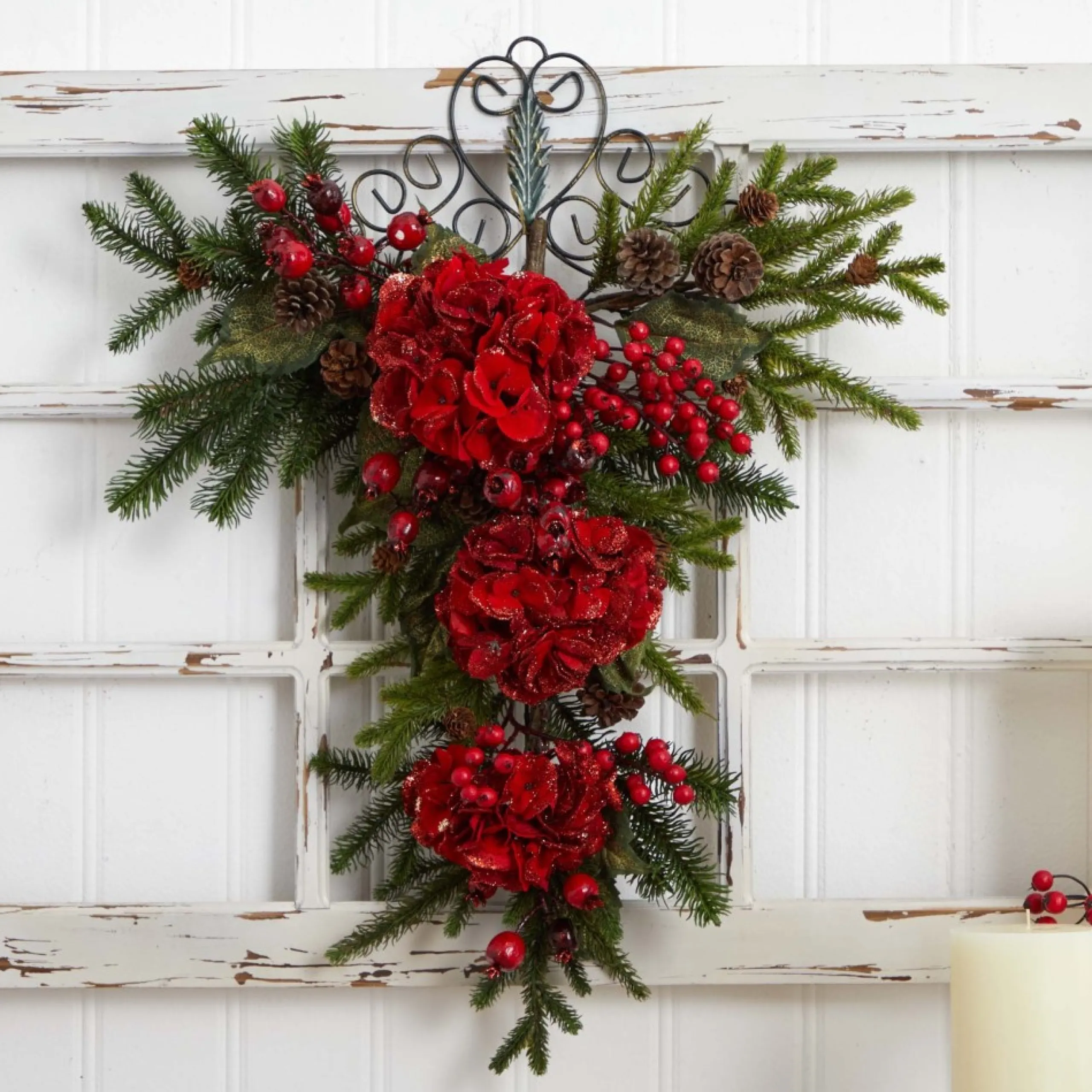 Unlit Teardrops*Nearly Natural 27" Hydrangea Artificial Christmas Teardrop Swag, Unlit