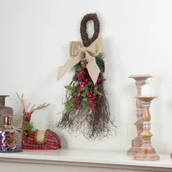 Unlit Teardrops*Northlight 24" Iced Berries And Burlap Artificial Christmas Twig Teardrop Swag