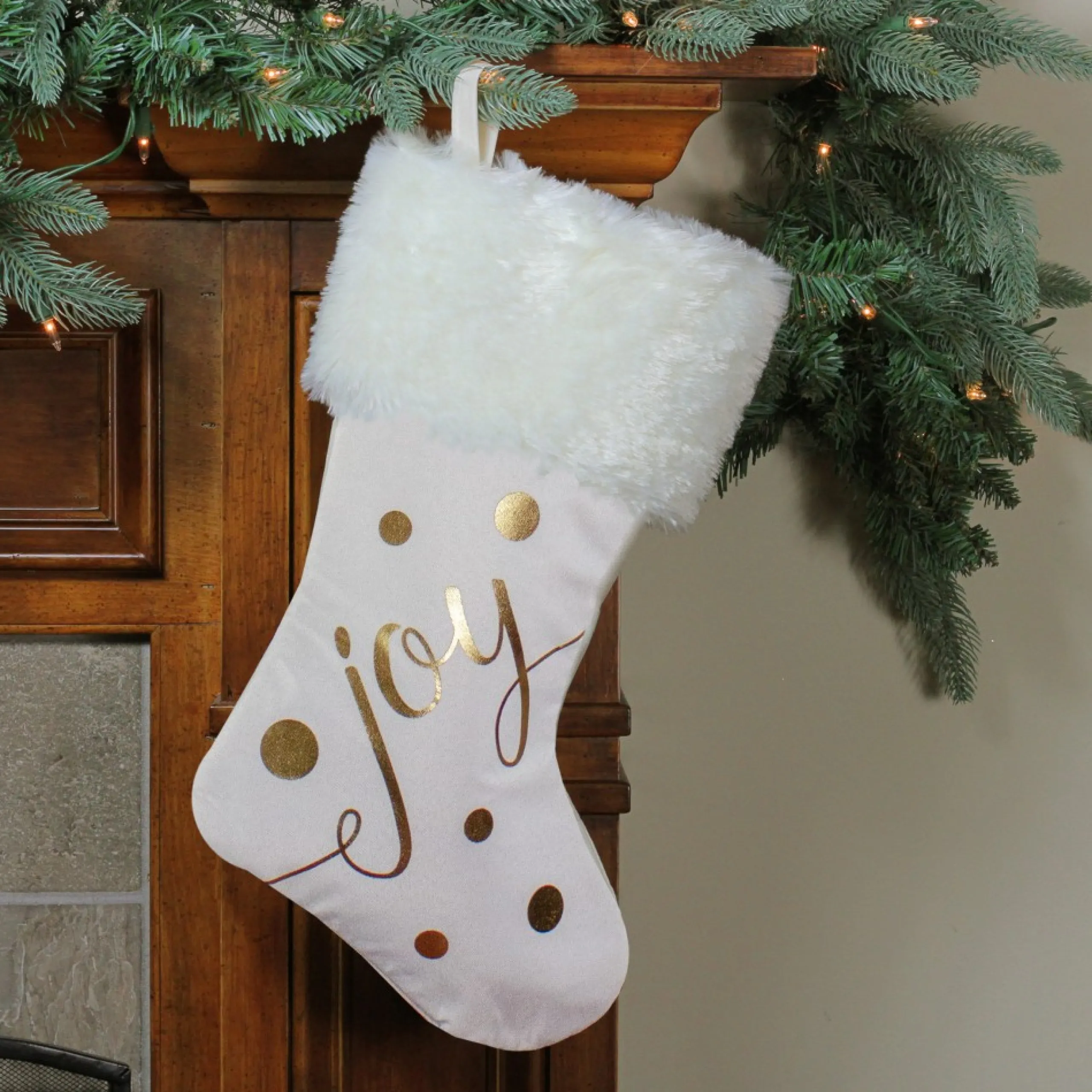 Stockings*Northlight 19" Ivory White And Gold "Joy" Christmas Stocking With White Faux Fur Cuff