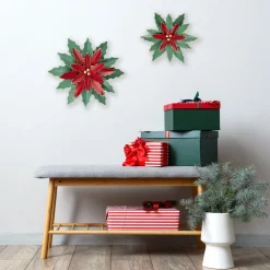 Floral*Northlight 16.25" Large Red And Green Metal Poinsettia Christmas Wall Hanging