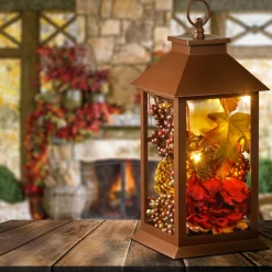 National Tree Company 11.5" Led Lighted Fall Leaves, Berries And Flowers Lantern