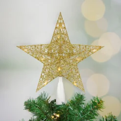 Star Tree Toppers*Northlight 10" Led Lighted Gold Glittered Star Christmas Tree Topper, Warm White Lights