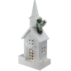 Table Top Pieces*Northlight 16.5" Led Lighted White And Green Snowy Church Christmas Decoration