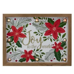 Signs & Plaques*Northlight 11.8" Lighted Brown Wooden Frame Poinsettia "Joy To The World" In Glitter Christmas Plaque