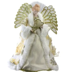 Angel Tree Toppers*Northlight 12" Lighted Fiber Optic Angel In Gold And Cream Gown With Harp Christmas Tree Topper