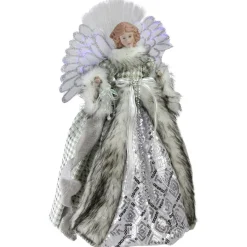 Angel Tree Toppers*Northlight 16" Lighted Fiber Optic Angel In Silver Gingham Coat Christmas Tree Topper