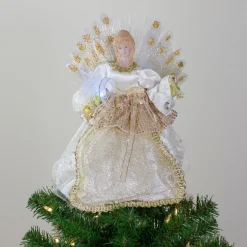 Angel Tree Toppers*Kurt Adler 12" Lighted Gold And Ivory Angel Tree Topper - Multicolor Fiber Optic Lights