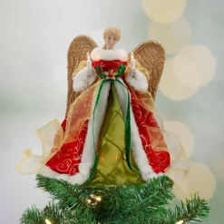 Angel Tree Toppers*Northlight 12" Lighted Red And Green Angel With Wings Christmas Tree Topper - Clear Lights