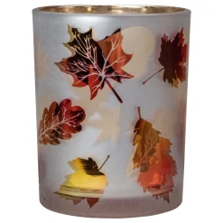 Northlight 5" Matte White And Gold Autumn Leaves Flameless Glass Candle Holder